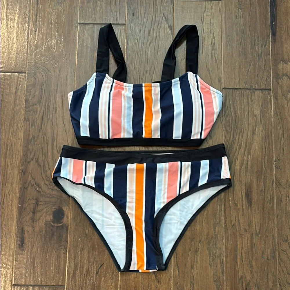 Striped Bikini Set in Blue, Pink, and Orange - Picture 1 of 3